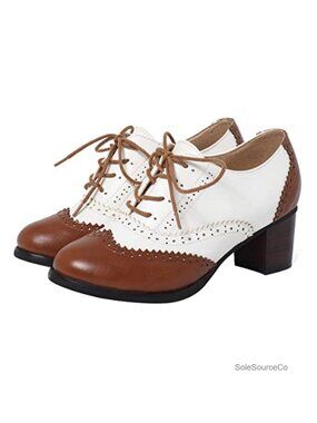 Women's Retro Wingtip Block Heel Lace Up Oxfords Chunky High Heels Round Toe